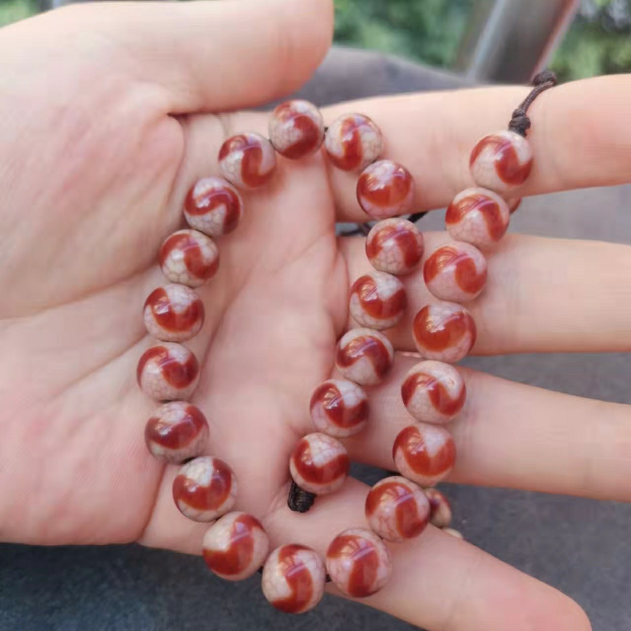 直播热爆红粉龙鳞凤血虎牙天珠血丝龙鳞纹散珠长条25颗手项链耳饰