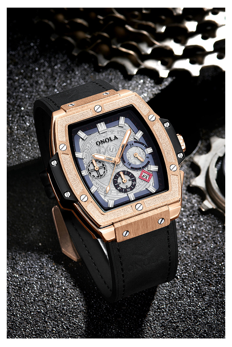 onola新款跨境抖音直播爆款多功能男士石英手表真皮防水手表男