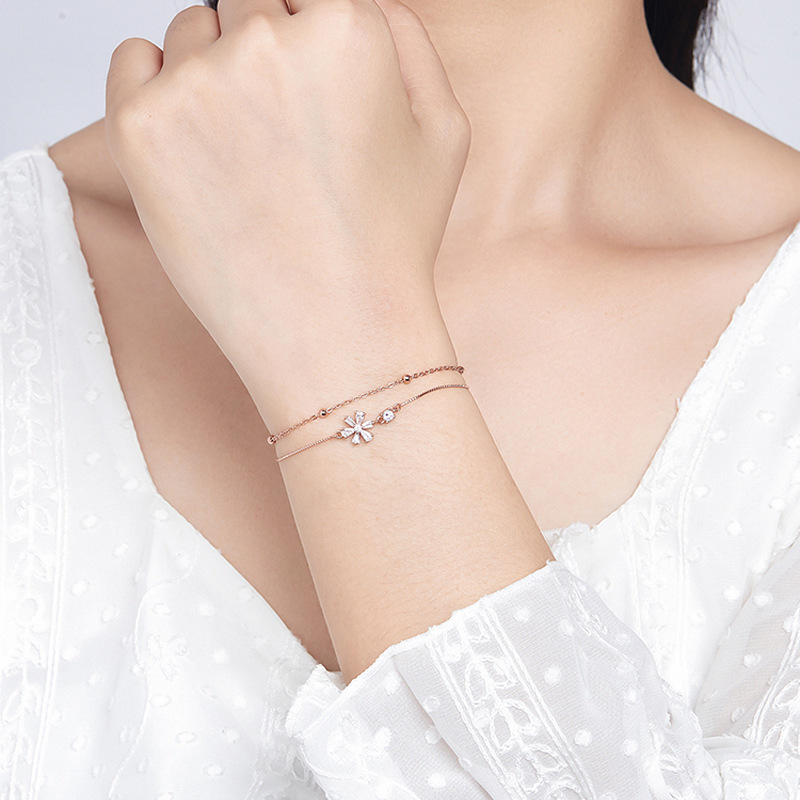 双层樱花手链女清新甜美樱樱少女心手饰气质浪漫满钻锆石花朵手环