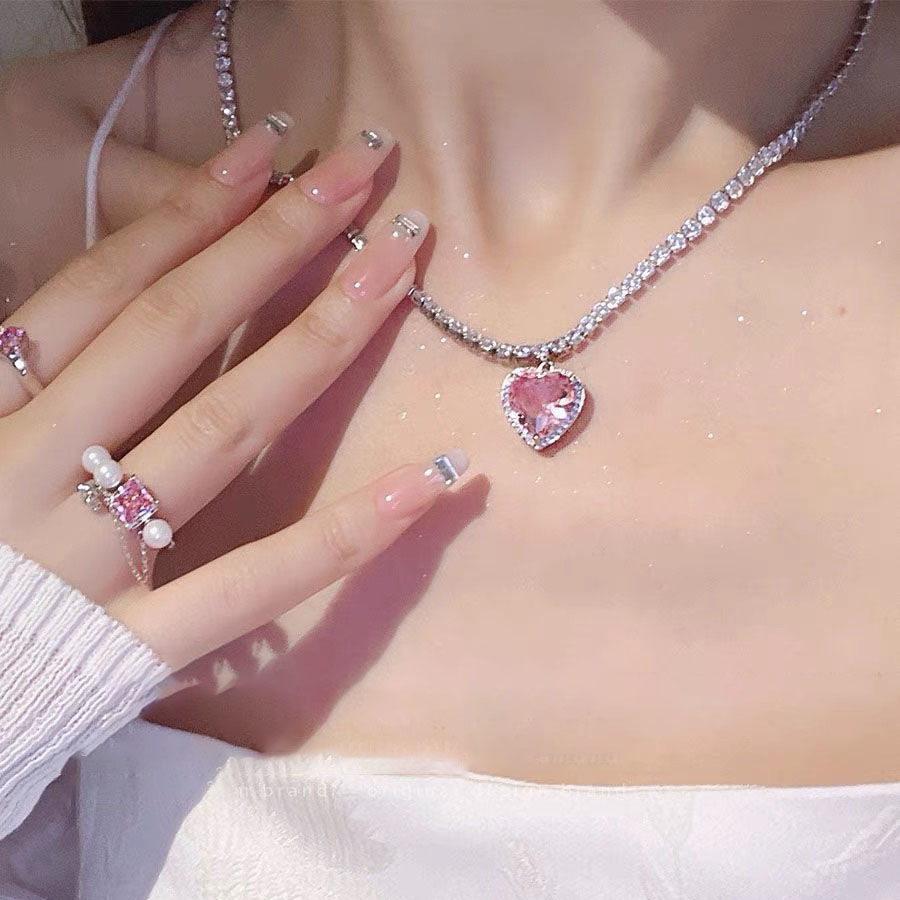 Pink Diamond Loving Heart Zircon Necklace Set Light Luxury Full Diamond Sweet Cool Hot Girl Style Clavicle Chain Earrings Ear Pins Set