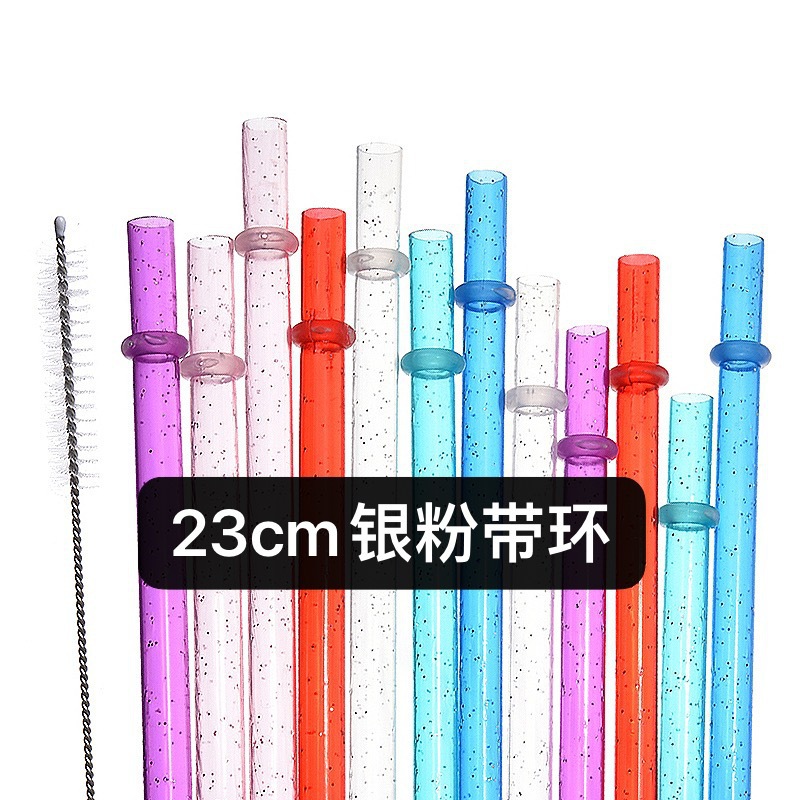 in stock cross-border reusable double-layer cup straw with brush thickened hard straw silver pink color band straw