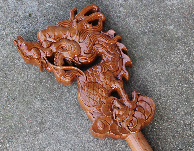 桃木拐杖龙头拐棍实木实心雕刻老年人手杖祝寿礼品礼盒送防滑垫