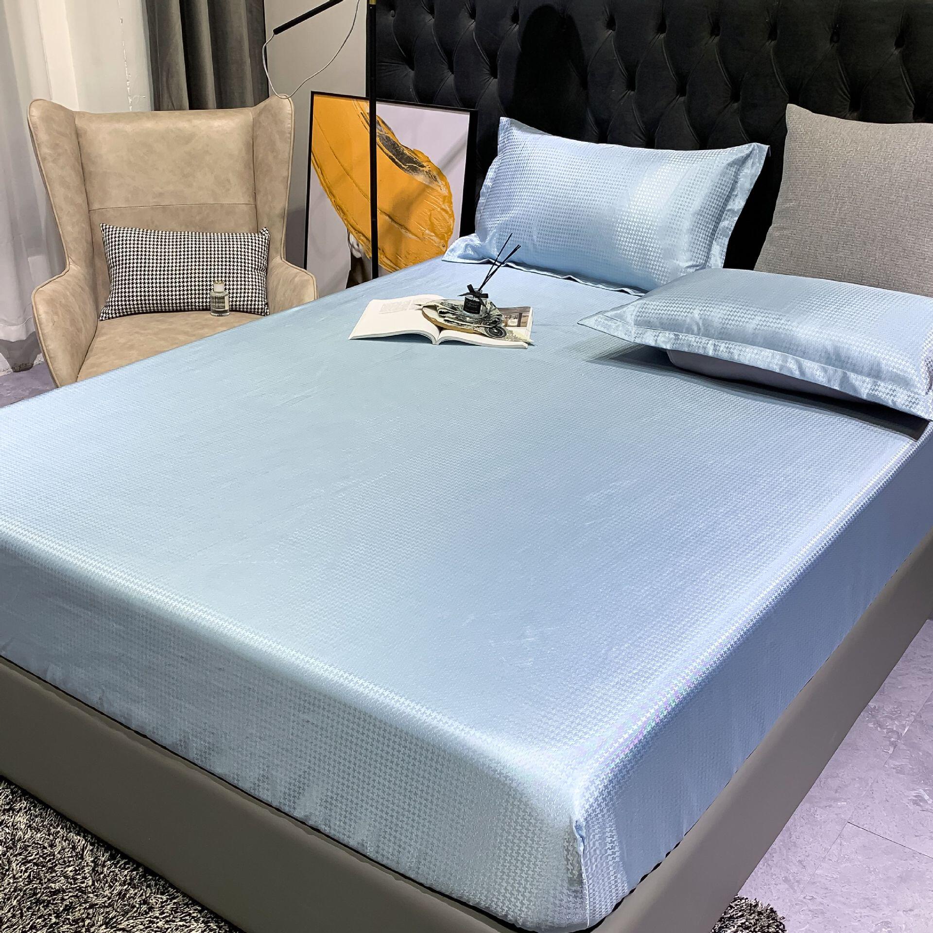 跨境直播千鸟格提花冰丝凉席床笠款三件套空调席可机洗床罩床套