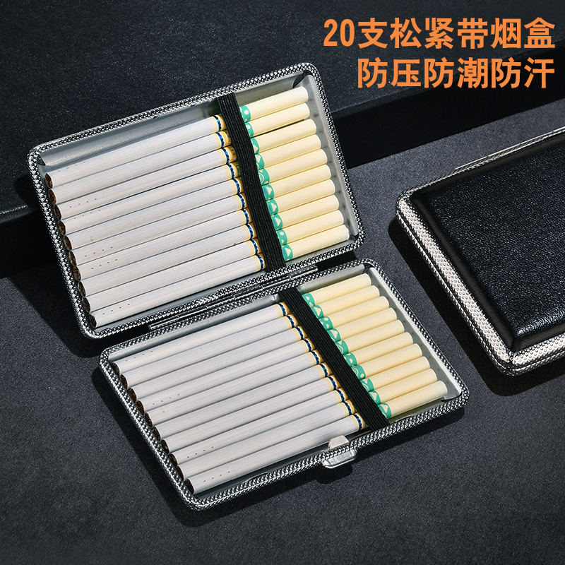 New Leather Cigarette Case Men's Business Portable 20 Thin Cigarette Case Metal Sticker Leather Cigarette Case Factory Hot Sale