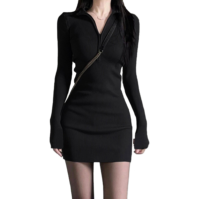 Knitted Zipper Dress Hot Girl 2023 Autumn and Winter New High Sense Pure Desire New Long Sleeve Tight Sheath Short Dress