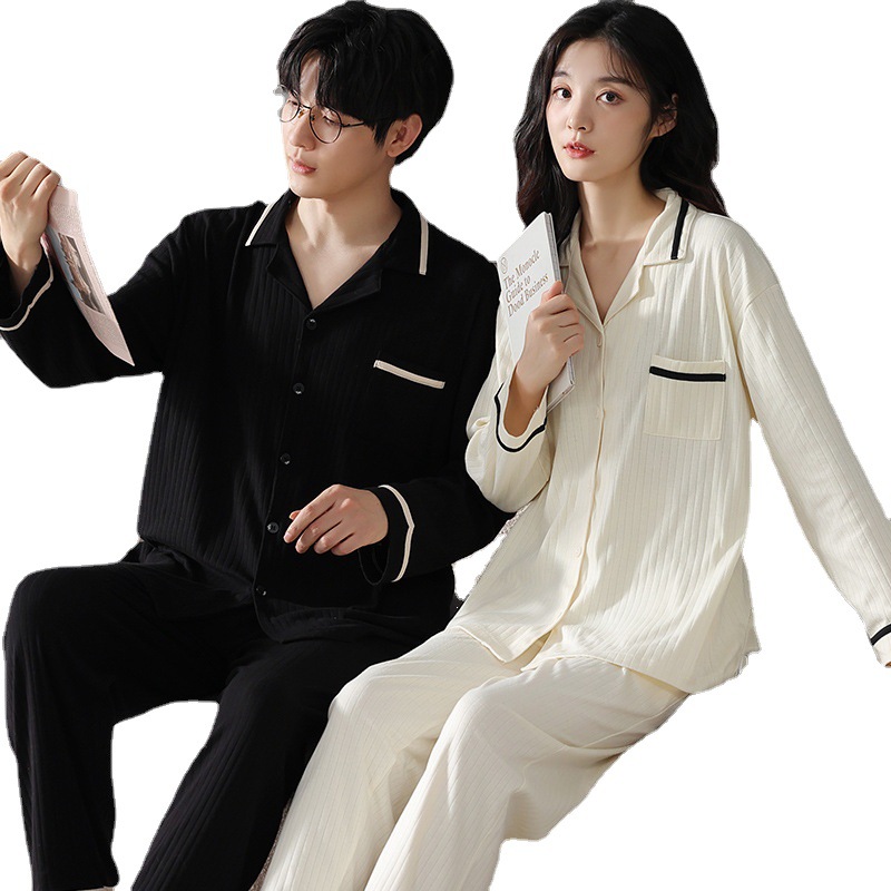 New Spring and Autumn Couple Pajamas Women's Autumn Cotton Cardigan Men's Lapel Long-Sleeved Trousers Home Wear Suit Casual Home