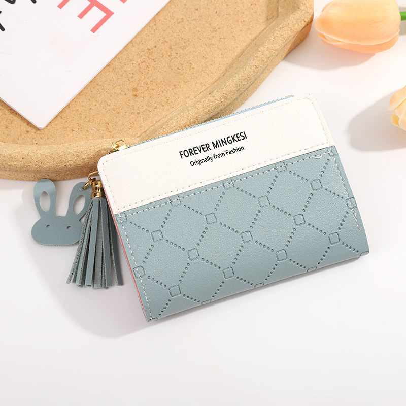 New Small Wallet Women's Short Zipper Wallet Student Korean Style Embossed Contrast Color Tassel Wild Coin Purse Card Holder