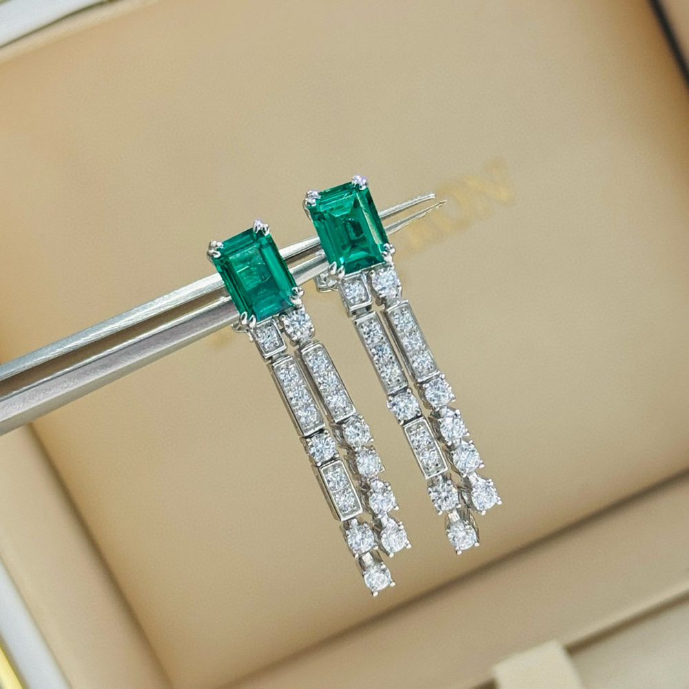 s925银祖母绿方钻长款流苏耳钉镶仿真钻精工高级感耳饰无logo