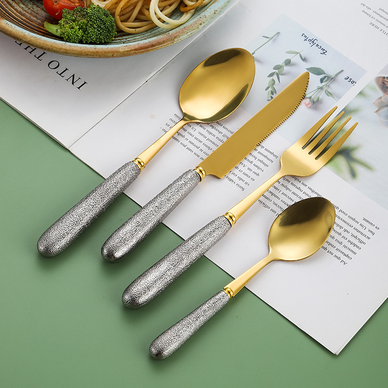 Vintage Stainless Steel Ceramic Handle Knife, Fork and Spoon Coffee Spoon Long Handle Household Light Luxury Western Food Knife, Fork and Spoon Four-Piece Set