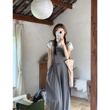 韩系灰色背带裙连衣裙女夏季减龄小个子显瘦收腰百褶裙气质长裙子
