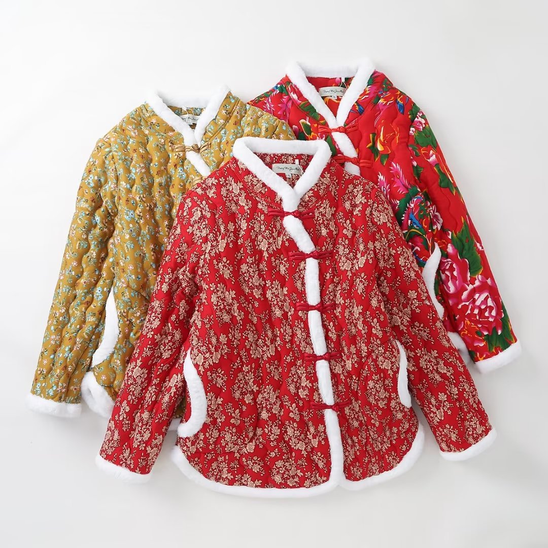 棉服妈妈加厚喜庆棉衣东北大花棉袄中老年大码复古唐装盘扣小花袄