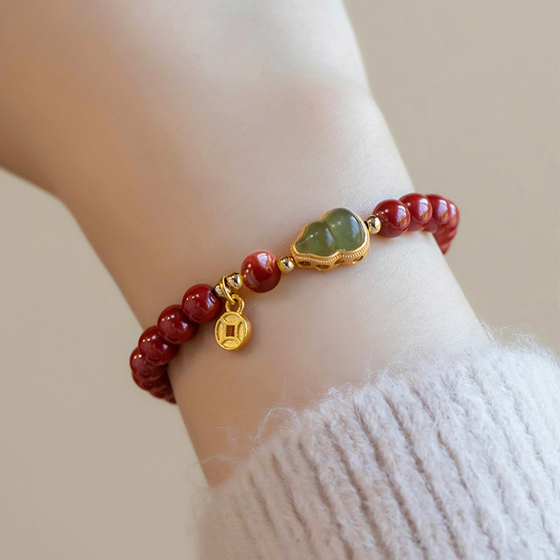 Cinnabar Bracelet Female Birth Year Safety Gourd Gold Inlaid with Jade Bracelet Fu Lu Fortune Ancient Style String Beads Summer Ornament