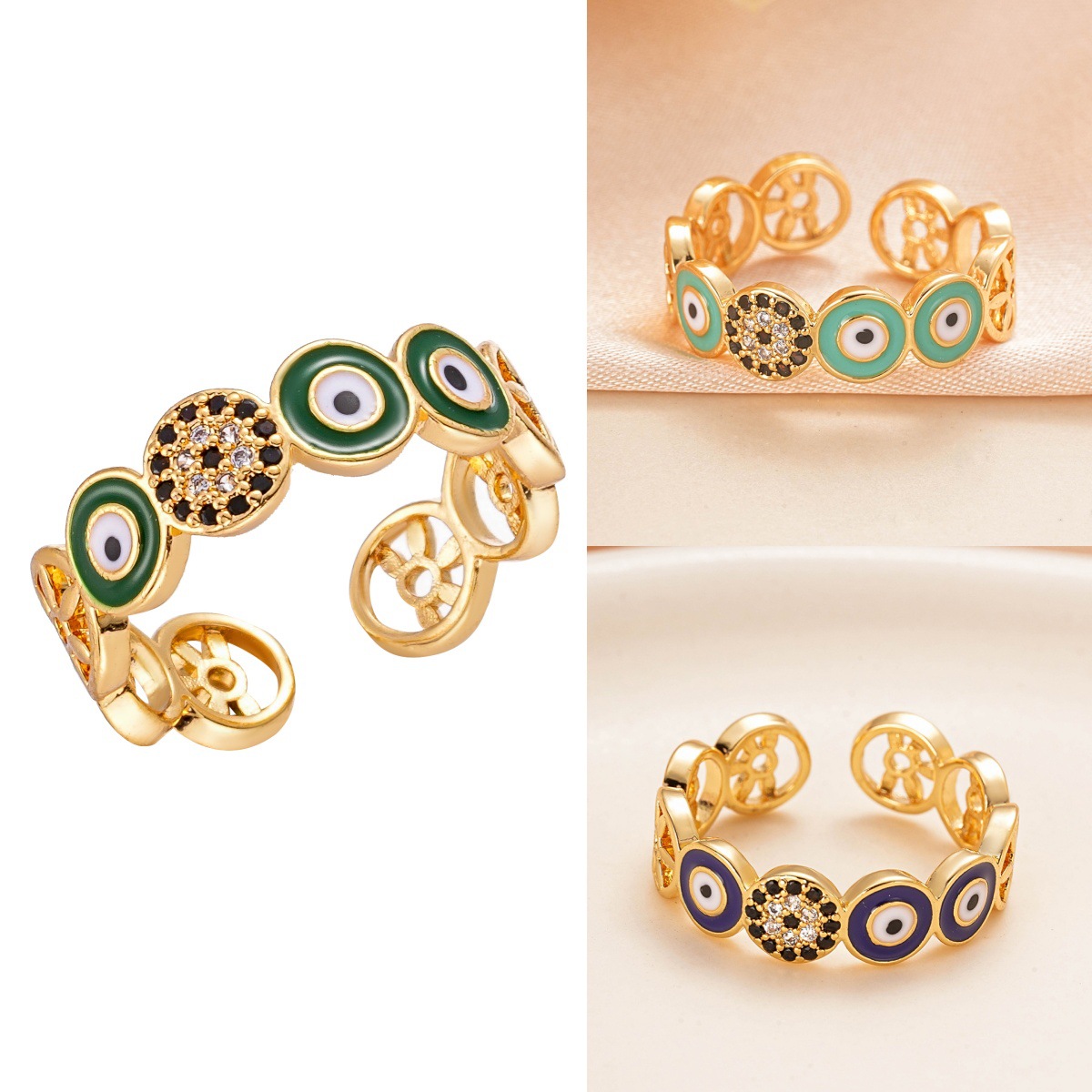 欧美跨境恶魔之眼戒指女ins滴油镀18k金微镶锆石爱心邪眼开口指环