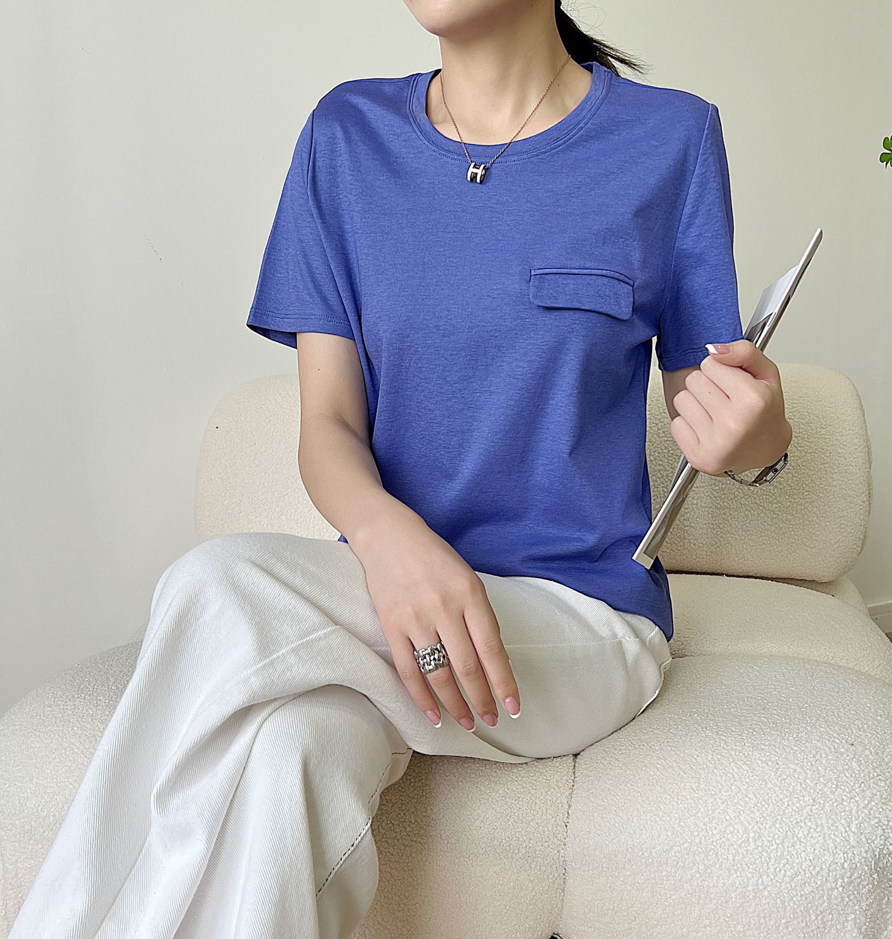 凉感维c科技醋酸桑蚕丝天丝t恤短袖女亲肤修身宽松口袋款t短袖女