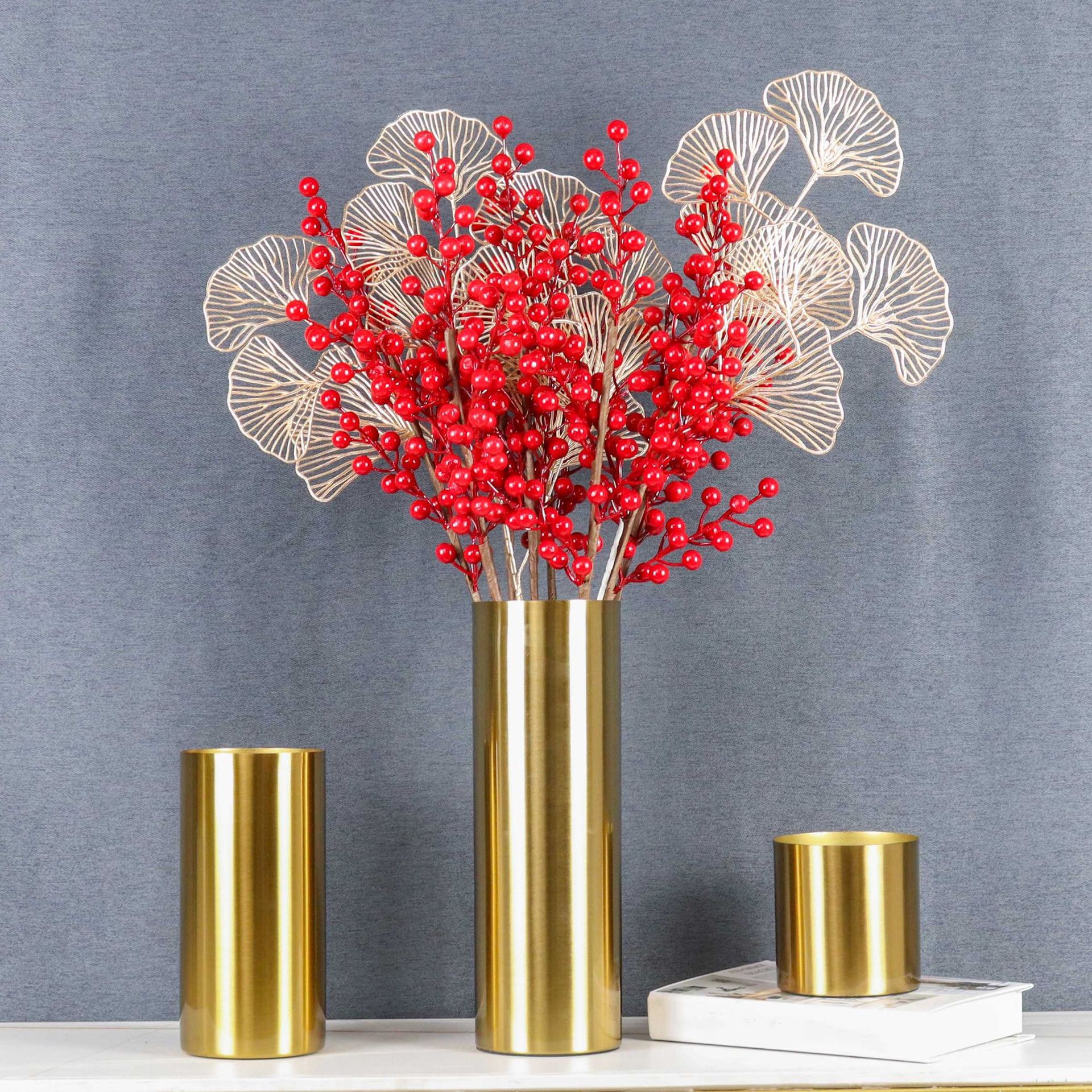 现代简约家居黄铜电镀金色金属直筒花瓶插花花器餐桌玄关装饰摆件