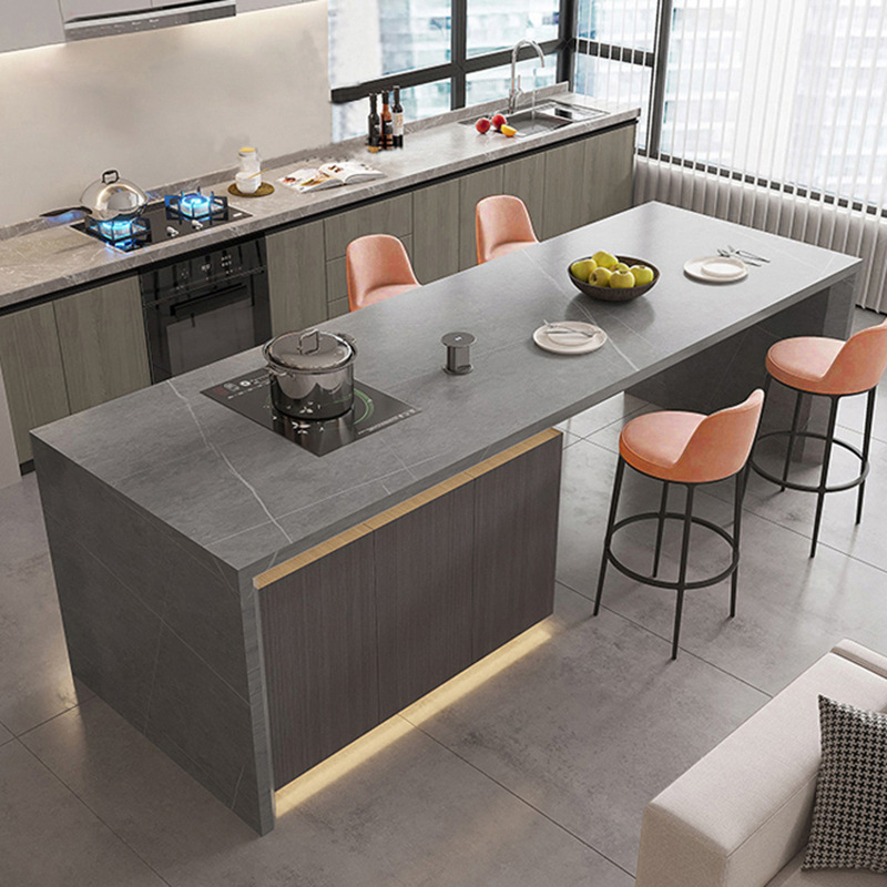 平面款岩板岛台餐桌一体吧台开放式厨房中导台面轻奢哑光倒台