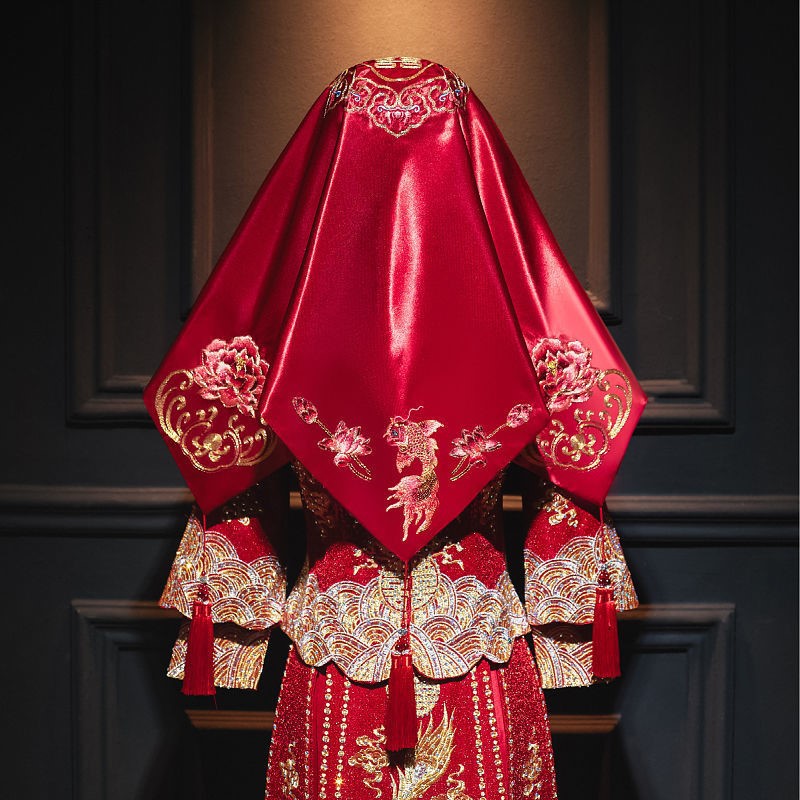 红盖头新娘结婚头纱中式绣禾服复古红色绣花断面流苏蒙头刺绣西帕