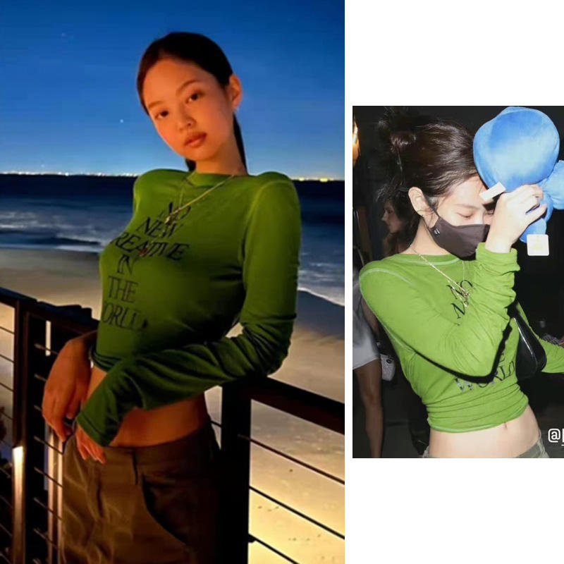 现货~jennie金智妮同款2022春修身百搭字母印花绿色打底衫t恤上衣