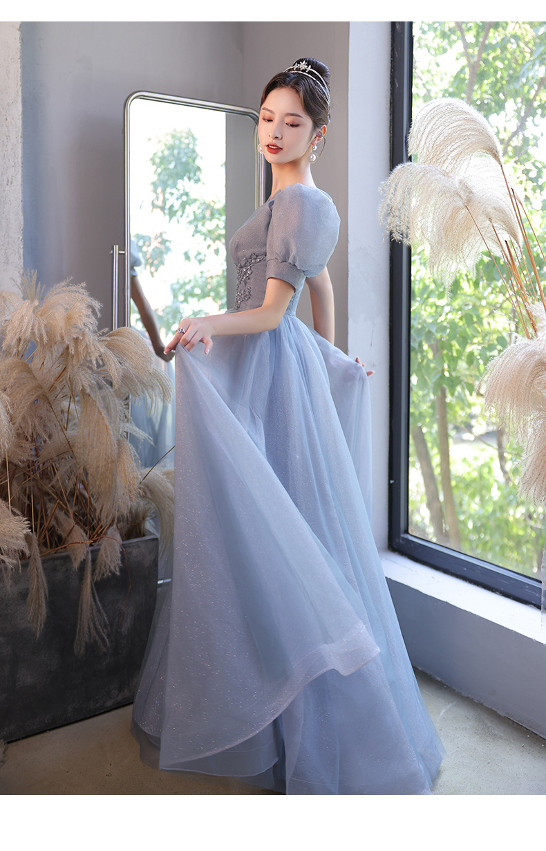 蓝色晚礼服裙女2022新款春长袖宴会气质声乐艺考年会主持连衣裙