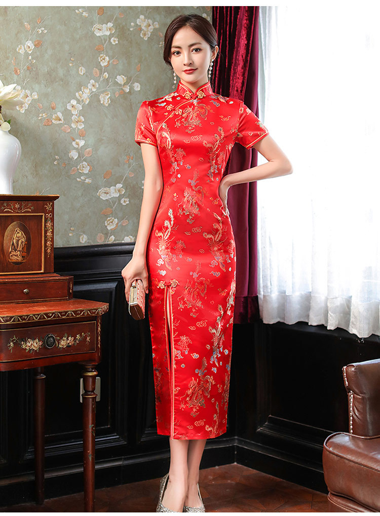 旗袍改良女2022秋季新款短袖长款织锦缎年轻款中国风显瘦长裙批发