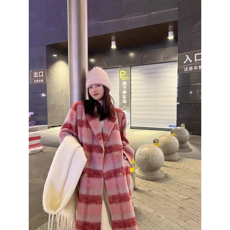 美拉德法式赫本风格子大衣秋冬季新款韩系大衣宽松粉色外套女穿搭