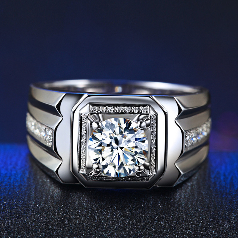 霸气仿莫桑钻男戒 新款结婚开口方钻指环霸气满钻镶嵌戒指一克拉