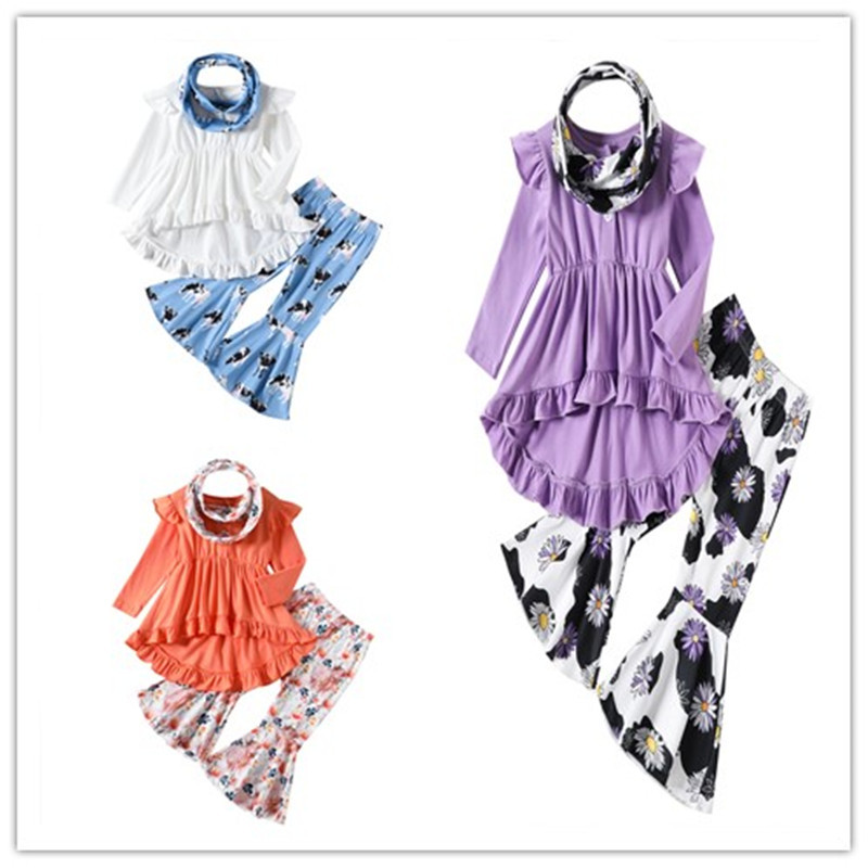 外贸女童服装秋季新款西部牛仔风围脖长袖木耳边上衣喇叭裤三件套