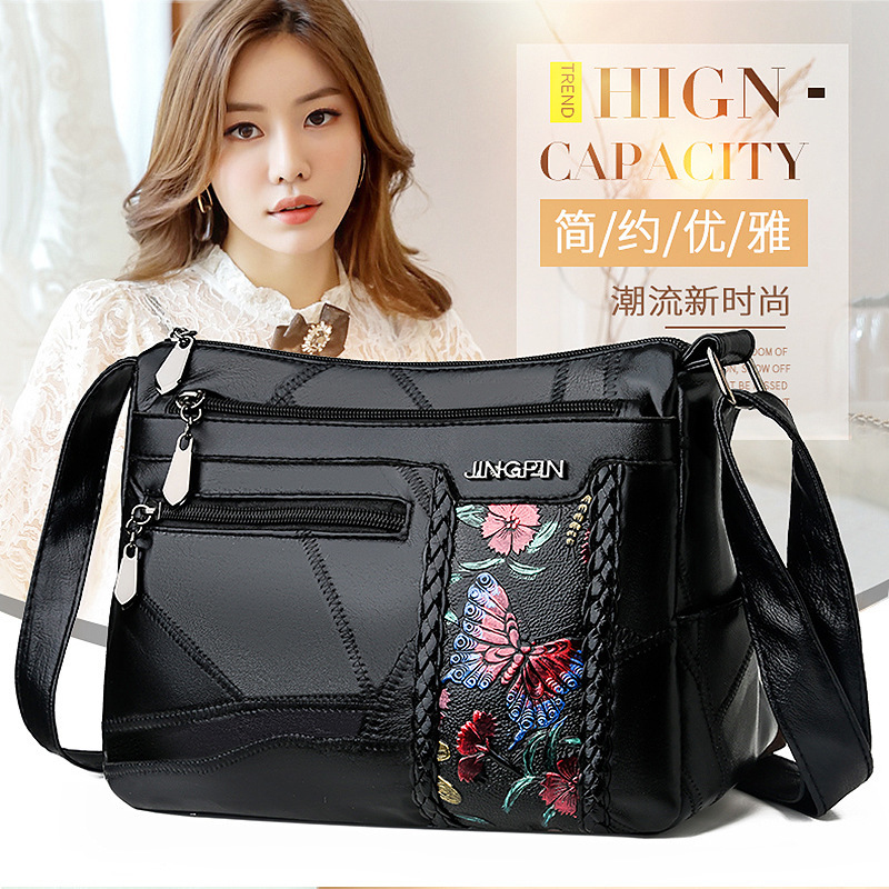 Korean Style Ins Style Middle-Aged Mother Bag Hand-Painted Pattern Shoulder Bag Sheepskin Fashion Large Capacity Design Multi-Layer Crossbody