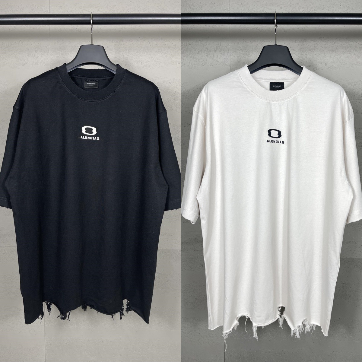 高版本 巴黎潮牌b家2024新款双环logo刺绣水磨烂破坏做旧短袖t恤