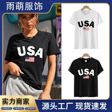 USA国旗印花短袖女独立日T恤女欧码现货独立日短袖亚马逊女上衣