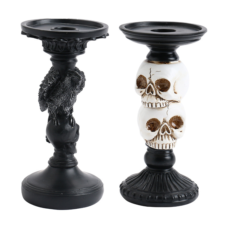 Cross-Border New Halloween Decorations Horror Skull Crow Resin Candlestick Home Haunted House Party Ornaments