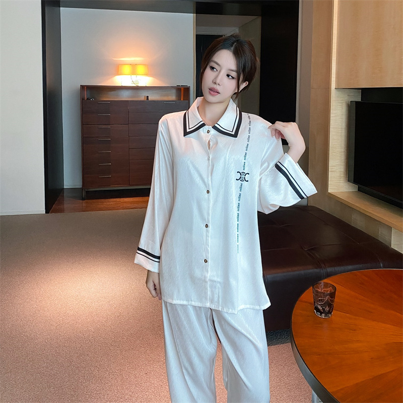 2023 New Women's Ice Silk Pajamas Spring and Autumn Long-Sleeved Trousers Fashion Printing Cardigan Suit Casual Homewear