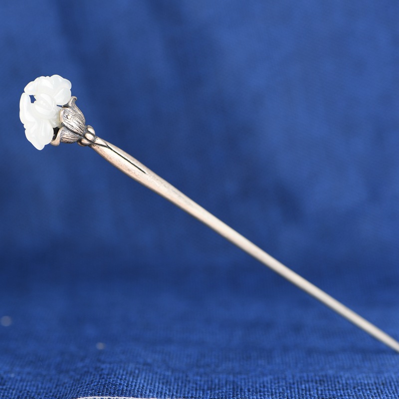 金鹿王 s925银发簪 民族风旗袍汉服头饰银簪子和田玉花卉女头饰