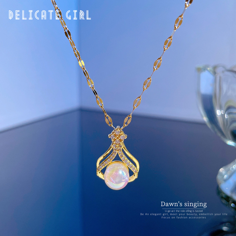 [Titanium Steel] Light Luxury Water Drop Mermaid Micro-Inlaid Real Gold Necklace Female Ins Online Influencer Clavicle Chain Ornament