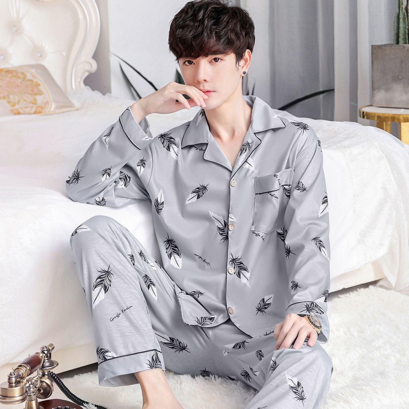 男士睡衣春秋款睡衣男棉质长袖长裤开衫青中年家居服套装老年人冬