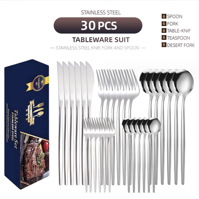 Stainless Steel Knife and Forks 30-Piece Set Portuguese Tableware Golden Set Creative Western Food Steak Knife, Fork and Spoon