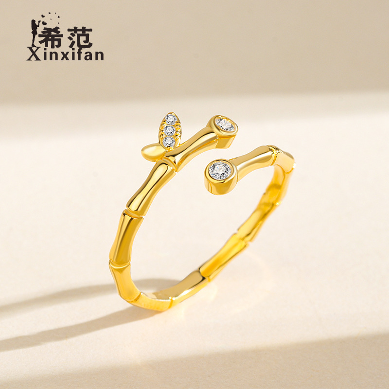 s925纯银国潮风竹节戒指女镶钻小众个性甜美开口简约竹子指环时尚