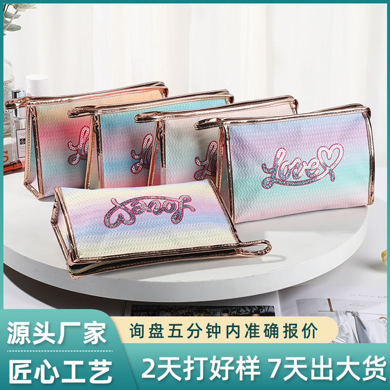 New Embroidery Sequined Love Cosmetic Bag Colorful Large-Capacity Cosmetics Storage Bag Portable out Zipper Bag