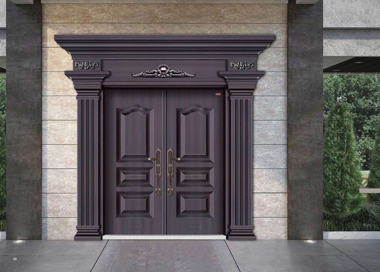 【厂家定制】别墅时尚大门锌合金镀铜拉丝防盗门双开门甲级进户门