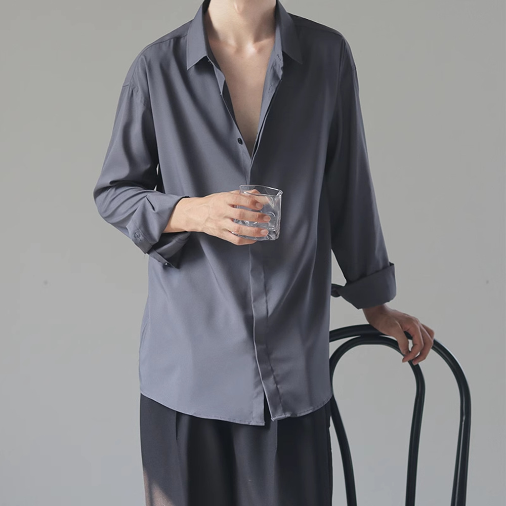 春秋季高级感雪纺气质衬衫男士轻熟风长袖宽松内搭免烫垂感衬衣