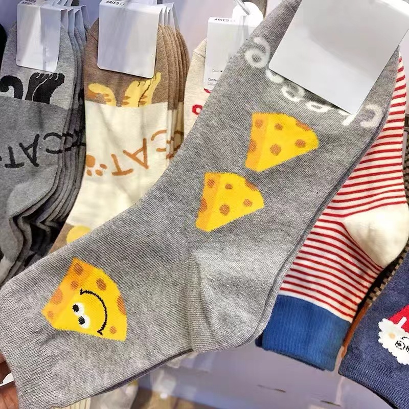 Socks New Korean Dongdaemun Cartoon Socks Pizza Cookies Tube Socks Trending Men and Women Cotton Socks Pile Style