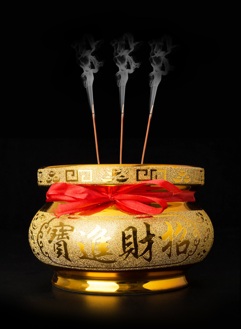 佛具用品批发陶瓷香炉财神黑红黄釉沙金香炉批发陶瓷摆件香插供奉