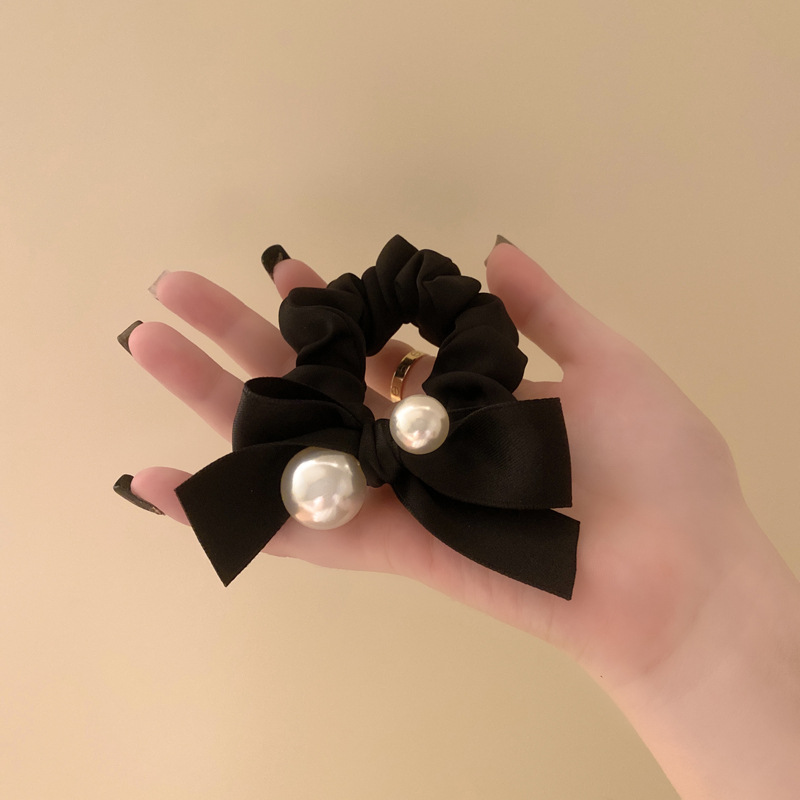 High-End Fashion Pearl Super Elastic Velvet Simple Temperament Black Headband Bowknot Hair Ring Rubber Band Hair Rope