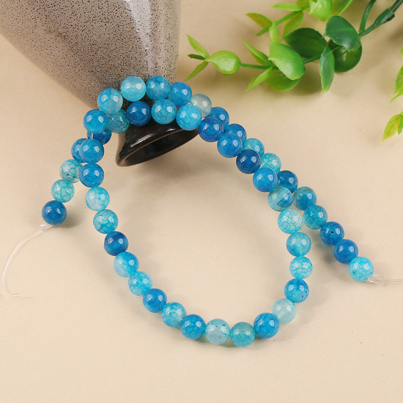 蓝龙纹半成品天然蓝色龙纹玛瑙散珠手工diy饰品配件串珠圆珠批发