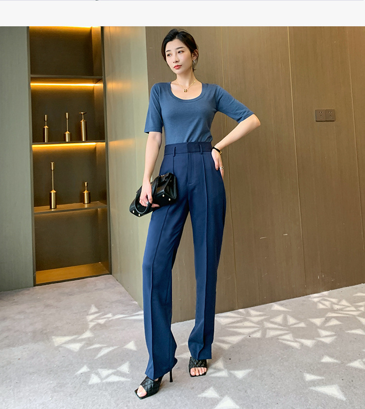 春秋新款垂感气质显瘦通勤长裤女高腰挺缝线简约侧开叉直筒西装裤