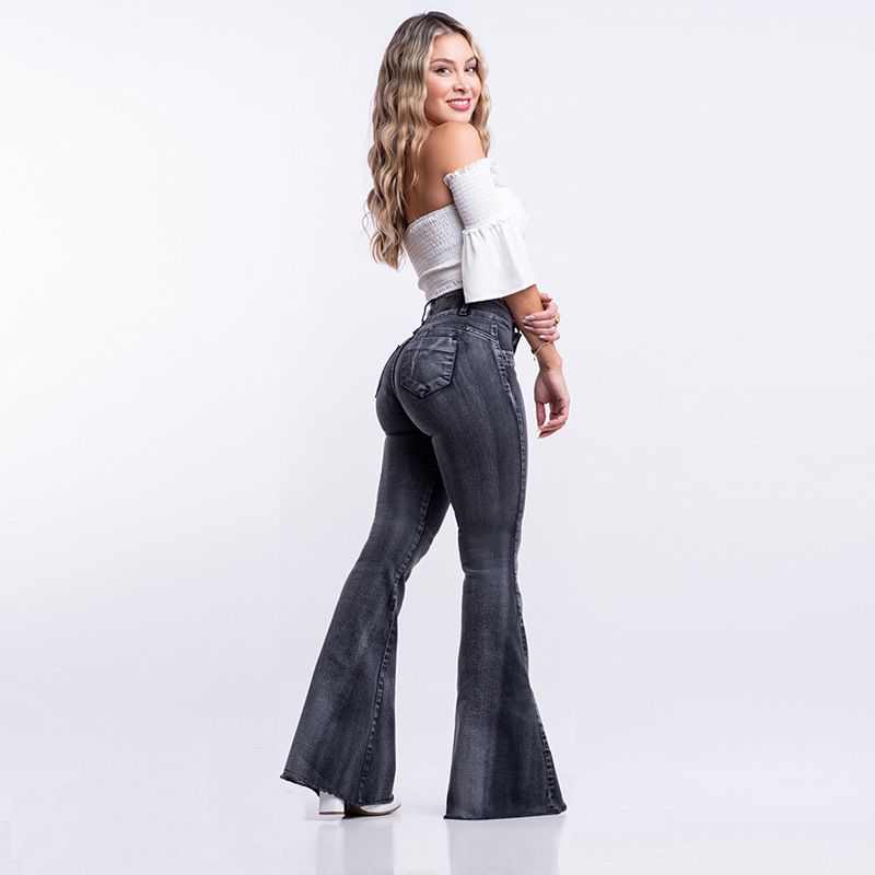   Cross-Border Women's Clothing Jeans Amazon Independent Station New Denim Trousers Slimming Hip Raise Washed Flared Jeans