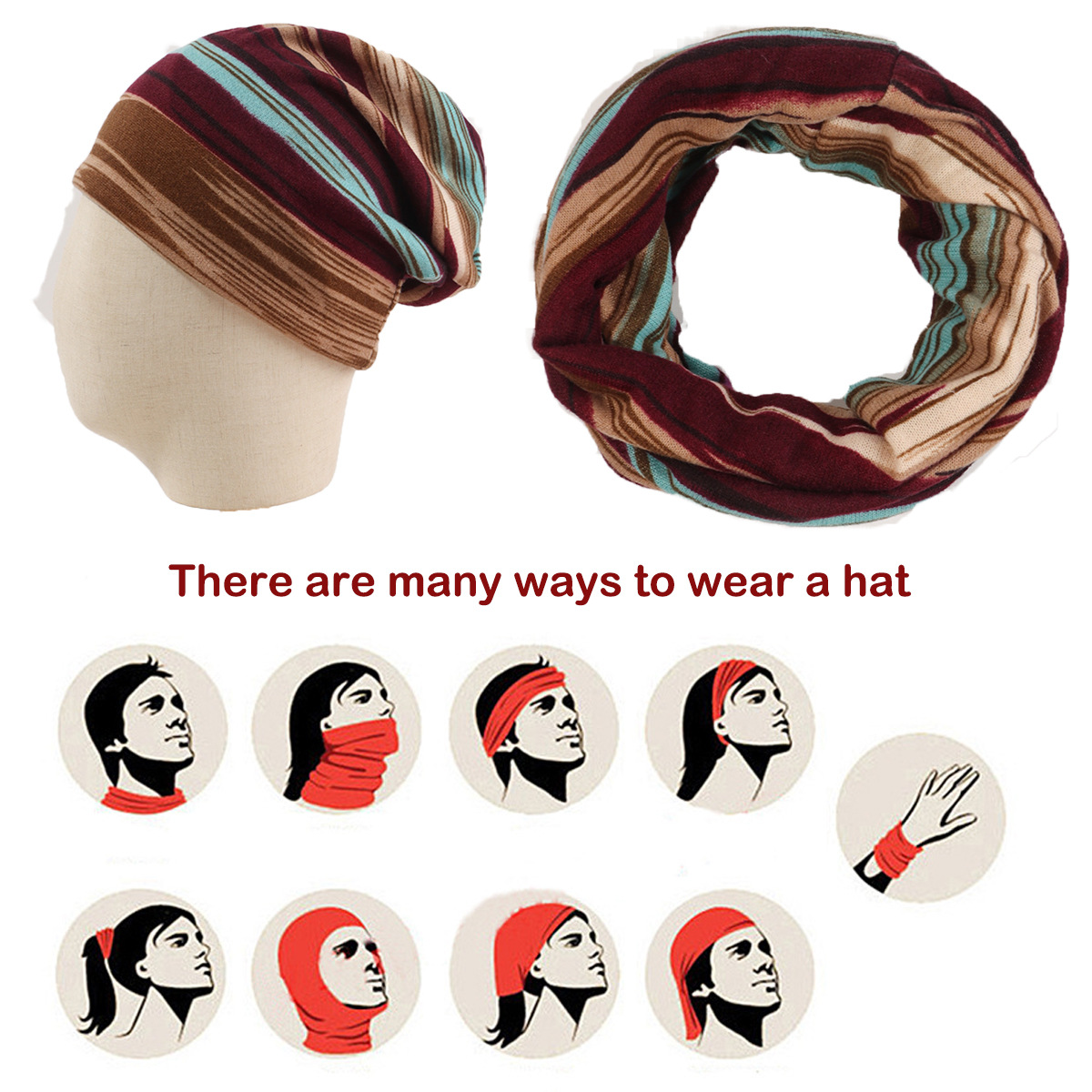 23 Cross-Border Hot Sale Mixed Color Stripe Pullover Hat Multi-Functional Head Protection Scarf Bandeau Toque Women's Pile Heap Cap