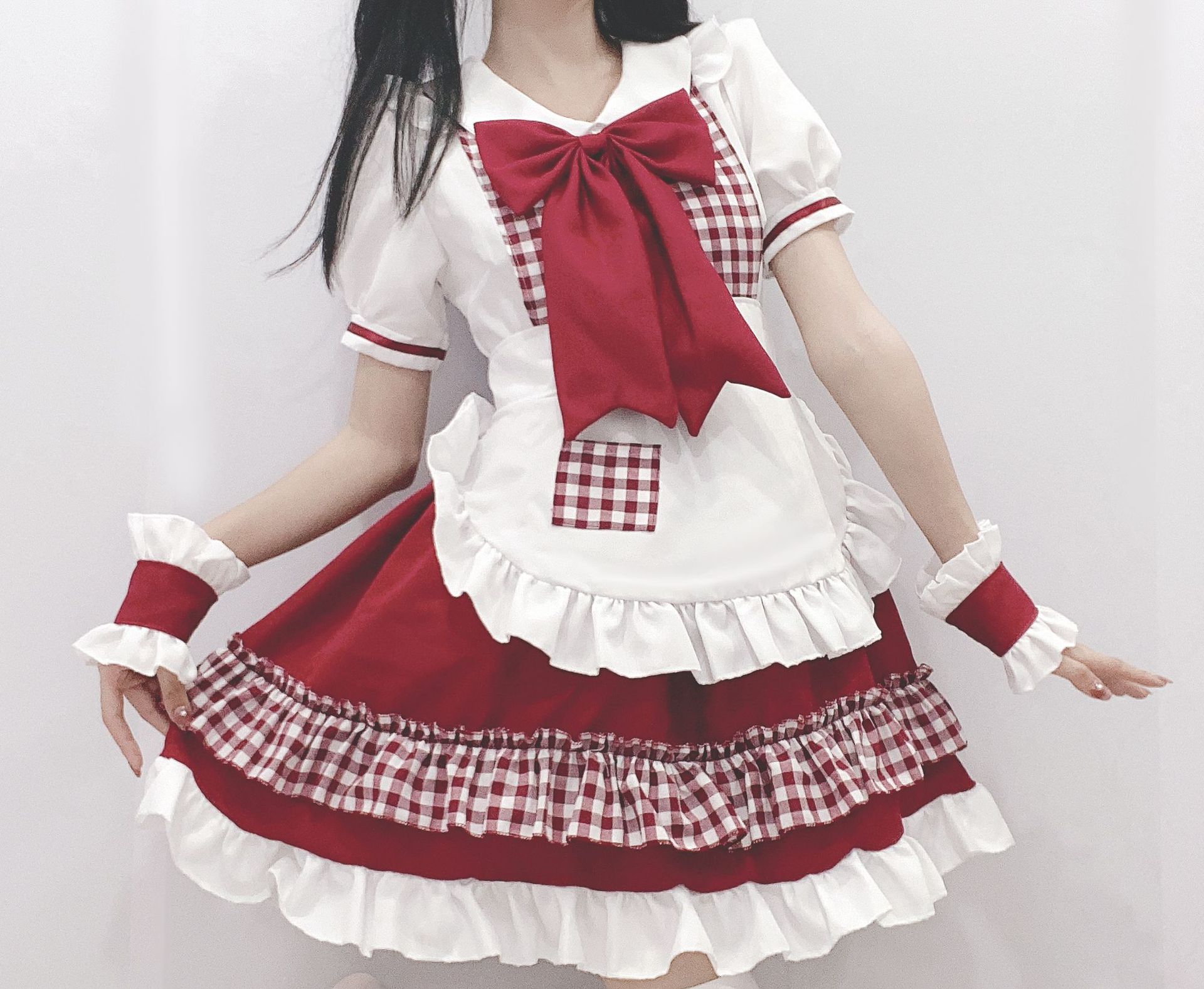 圣诞女仆 红白格子女仆装 cos动漫二次元公主裙 lolita连衣裙