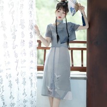 原创设计鹤隐中国风复古日常改良汉元素衬衫裙子两件套6408