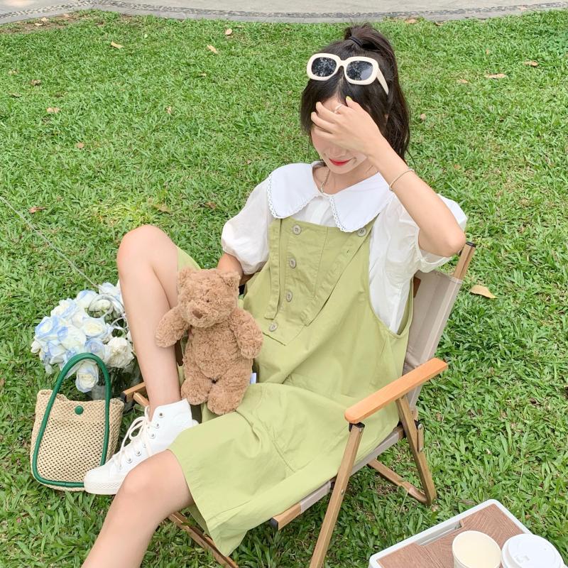 绿色背带裤短裤女学生韩版宽松夏季2022新款可爱日系小个子阔腿裤